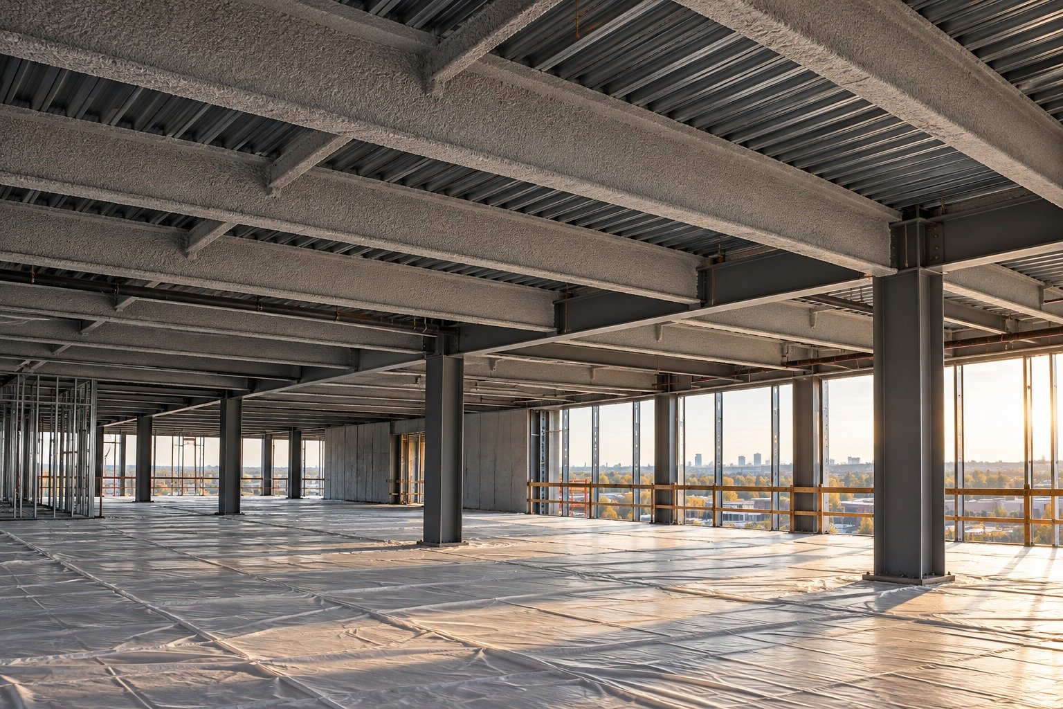 Illustrative commercial construction interior with structural steel and protective sheeting
